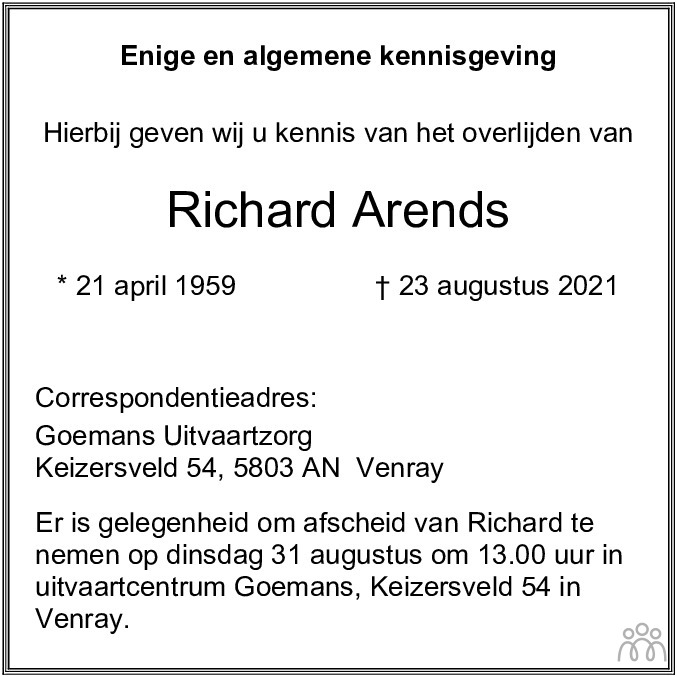 Overlijden Arends